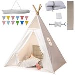 Jodimitty Teepee Tent for Kids Cotton Canvas Play Tents Indoor Outdoor, Gift for Girls Boys, Foldable & Portable Wigwam Tipi Play House, Breathable Window Design with Storage Bag, 120x120x160cm