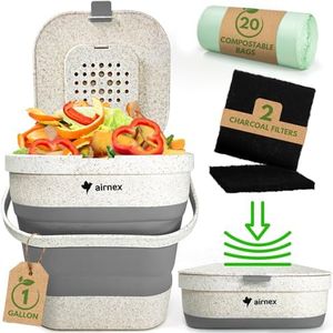 AIRNEX Collapsible Compost Bin Kitchen Counter Caddy - 1 Gallon Countertop Compost Bin with Lid Made of Wheat Straw - Odorless Kitchen Compost Bin Countertop with 20 Compost Bags and 2 Carbon Filters