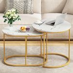 SogesHome Faux Marble Round Nesting Table Set of 2, End Table Set, 2 Piece Round Side Table Coffee Table Accent Table, for Living Room, Bedroom, Balcony, Office, White& Gold, NSDCA-FJGS-ST09WT