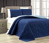 3-Piece Tropical Coast Seashell Beach KING Oversize OVERSIZE Bedspread NAVY / BLUE Reversible Coverlet Embossed Bed Cover set. Sea Shells, Sea Horse, Starfish etc.