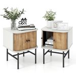 Giantex Mid-Century Modern Nightstand Set of 2, Wood Bedside Tables with Sliding Doors and 4 Metal Legs, Side Tables with Storage Cabinet, Compact Night Stands for Bedroom, White