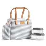 Fit & Fresh Lunch Bag for Women, Insulated Womens Lunch Bag for Work, Leakproof & Stain-Resistant Large Lunch Box for Women with Expandable Bottle Pocket, Laketown Lunch Bag Gray Stripe