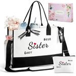 Sister Christmas Gifts, Personalized Gifts for Sister, Can-vas Beach Bags, Sister Birthday Gift Ideas, Best Sister Ever Tote Bag for Women w Makeup Bag Side Pocket Shoulder Strap Gift Box Card