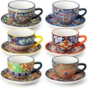 vancasso 8 oz Cappuccino Cups with Saucers Set of 6, Bohemian Ceramic Coffee Cup for Latte, Tea, Espresso, Microwave & Dishwasher Safe - Porcelain Tea Cups and Saucers for Kitchen or Cafe