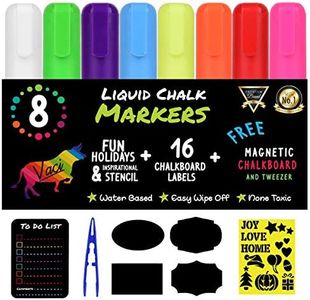 Vaci Markers Lot de 8 marqueurs à craie liquide fluo avec tableau noir magnétique, pochoirs et 16 étiquettes pour fenêtres, tableaux noirs, et plus ; marqueurs lavables non toxiques avec double pointe