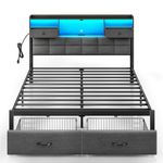 Rolanstar Bed Frame Full Size with Drawers and Charging Station, Upholstered Platform Bed with Storage Headboard and LED Light, Heavy Duty Metal Frame Support, No Box Spring Needed, Noise Free, Grey