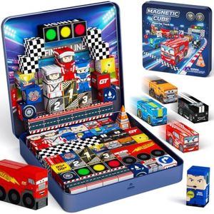 burgkidz Magnetic Blocks Boys Travel: 48PCS Racing Magnetic Building Blocks in 2-in-1 Travel Tin Case - N32 Magnets Stay Put on Bumpy Car Rides - Road Trip Toys for Boys 3-8