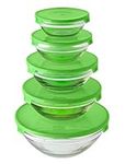 Homeshopa Glass Food Storage Container Set with Lid, Round Stackable Meal Prep Lunch Box, Airtight Leak Proof Serving Bowls, Coloured Lids, Microwave, Oven, Freezer and Dishwasher Safe (Green Lid)