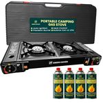 Green Haven Portable Camping Stove - Double Burner Gas Cooker with Auto Ignition - Compact Outdoor Stove with Gas for Camping, BBQ & Outdoor Cooking | EN417 Compliant (STOVE + 4 GAS)