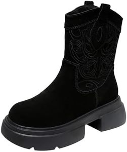 AngryMonkey Women's Suede Lug Sole Platform Boots,Vintage Fall/Winter Comfy Pull On Waterproof Short Ankle Western Cowgirl Booties (6,Black)