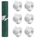 Shinowa 6 Pcs Napkin Rings, Stretchable Leaf Napkin Ring Circle for Harvest, Thanksgiving, Wedding, Dinner, Party, Banquet, Table Setting Serviette Ring Holder, Dining Table Decoration, Silver