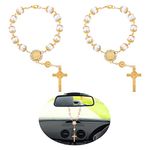 TIESOME 2Pcs Car Rosary, Rearview Mirror Auto Rosary Car Cross Blessing Catholic Car Medal for Truck Bike Motorcycle Car Mirror Hanging Accessories Decor (Gold)