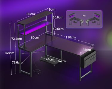 Coleshome L-Shaped Gaming Desk – Black Corner Computer Table