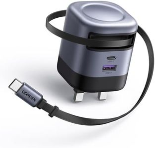 UGREEN USB C Charger Plug, 45W 3-Port Fast Charger Plug with Retractable Cable, USB C Charger Compatible with iPhone 16/15/14/13/12, iPad, Galaxy S25/S24/S23, Pixel 9/8