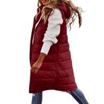 Dazajoo Long Puffer Vest for Women Sleeveless Casual Parkas Plus Size Hooded Winter Warm Coat Outdoor Puffer Quilted Vest, Wine-2, Medium