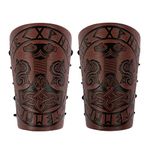 Thajaling 2 Pieces Viking Bracers, Mjolnir Embossed Arm Guards, Handcrafted Leather Armguards, Medieval Gauntlet Wristband, Vintage Dragonweave Bracers for Men (Brown)