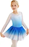 Ballet Leotards for Girls Size 7-8, Long Sleeve Gymnastics Leotards with Tulle Skirt - White (Blue Long Sleeve, 7-8 Years)