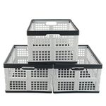 Ortodayes Set of 3 Collapsible Flat Crate, Plastic Folding Storage Crates (Grey and White)