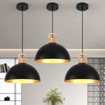 3 Set Pendant Light Fixtures Black Farmhouse Chandelier Kitchen Island Lighting 11.8" Industrial Modern Ceiling Dome Wood Hanging Light Fixture for Dining Room Bedroom Living Room Foyer Entryway,E26