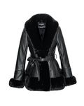 GRAN ORIENTE Women's Faux Leather Jacket with Faux Fur Collar, Winter Long Sleeve Furry Trim Peplum Parka Coat with Belt, Black, Medium