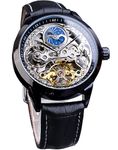 FORSINING Men's Skeleton Moon Phase Watch Mechanical Self-Wind Tourbillon Dual Time Zone Watches Automatic Luxury Leather Strap Large Dial Wristwatch, black, Classic