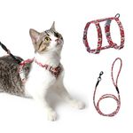 PETTOM Cat Harness with Lead, Adjustable Harness Lead Set for Cat Kitten Small Pet Outdoor Walking with Quick Buckle, Floral Design(M: Chest 26-40 CM, Red)