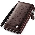 Mens Clutch Bag Handbag Leather Zipper Long Wallet Business Hand Clutch Phone Holder (Stripe Brown Double Zipper)