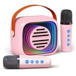 YOFITS YF93 Mini Karaoke Machine for Kids- Portable Speaker with 2 Microphone, 5 Voice Changing Effects, Colorful Lights, 2200mAh Rechargeable Battery (YF93 with 2Mic Pink)