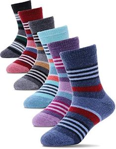 ProEtrade Merino Wool Socks for Kids Toddlers Boys Girls Thick Warm Winter Hiking Heavy Thermal Cozy Crew Boot Striped Gift Socks 6 Pack(Striped,4-7 Y)
