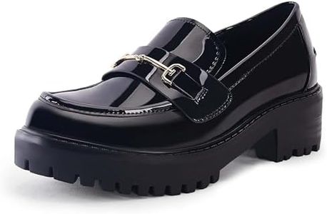 Womens Lug Sole Platform Mid Chunky Heel Loafers Classic Round Toe Slip On Office Uniform Oxfords Shoes with Metal Chain,Black, Size 10