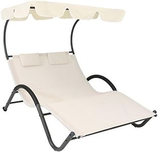 Sunnydaze Outdoor Double Chaise Lounge with Canopy Shade and Headrest Pillows - Beige Fabric with Black Powder-Coated Frame