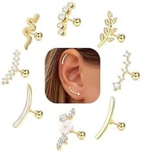 FIBO STEEL 8 PCS 16G Cartilage Earrings Helix Piercing Jewelry for Women Stainless Steel Opal CZ Conch Daith Tragus Piercing Jewelry Flower Snake Leaf Screw Back Stud Earrings Set Gold Tone