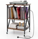 COSTWAY Record Player Stand, Rolling Turntable Stand End Sofa Side Table with Dividers, Shelf and Wheels, Albums Vinyl Record Storage Cabinet for Living Room Bedroom (with Charging Station, Brown)