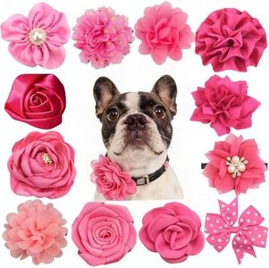 JOLLYPETAL & TWIG 12 Pcs Pink Dog Collar Flowers Detachable Embellishment Elastic Rubber Band Soft Chiffon Pet Collar Charms for Female Dogs Cats Wedding Birthday Parties Grooming