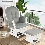 Glider and Ottoman Set, Wood Glider Rocker for Nursery, Upholstered Comfort Nursing Rocking Chair with Storage Pocket, Padded Armrests & Detachable Cushion, Easy to Assemble (Light Gray)