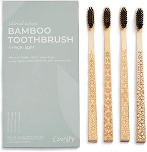 Zenify Earth Bamboo Toothbrush Adult (Set of 4) - Charcoal Infused Soft BPA Free Bristles - Biodegradable Handle - Australian Owned