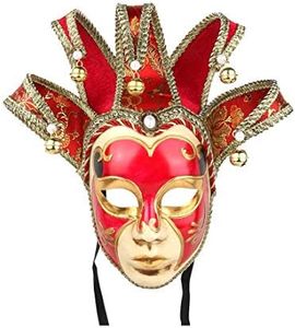 YU FENG Hand Painted Full Face Jester Jolly Joker Venetian Masquerade Wall Mask Carnival Costume Fanshaped Mask Mardi Gras (Red)