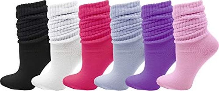 6 Pairs Slouch Socks for Women, Heavy Extra Long Cotton Scrunch Crew Sock, Bulk pack (Assorted #3)