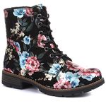 Pavers Women's Lace Up Combat Boots in Black-Pink Floral with Zip Fastening - Hardwearing Sole and Floral Pattern - Ladies Shoes - Size UK 7 / EU 40