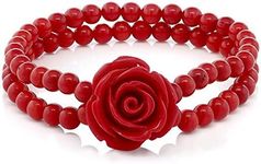 Gem Stone King 7 Inch Red Simulated Coral Bead Rose Flower Stretch Bracelet For Women 5mm