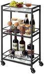 MAHANCRIS Bar Cart, Home Bar Serving Cart, Kitchen Cart, 3-Tier Glass Bar Cart on Wheels, Rolling Cart for Bar, Kitchen, Dining Room, Black RCH40B01