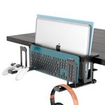 ROLIZOE 2 Tier Under Desk Laptop Holder No Drill Desk Side Storage with Headphone Stand Metal Magazine File Holder Clamp On Desk Organizer Fits Up to 4.5cm Desk Thick for Laptop Keyboard Controller