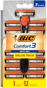 BIC Comfort 3 Refillable Three-Blade Disposable Razors for Men, Sensitive Skin Razor for a Comfortable Shave, 1 Handle and 12 Cartridges With 3 Blades, 13 Piece Razor Kit