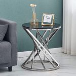 ZOONFA Set of 1 Chrome Glass Side Table for Living Room- Round Black Grey Tempered Glass Top & Stainless Steel Frame, 50cm Modern Spiral End Table for Bedroom Guestroom (Silver)