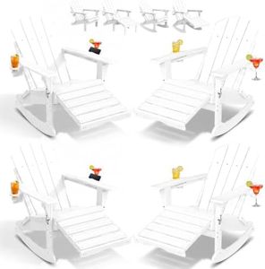 PLUUV Folding Adjustable Adirondack Rocking Chair Set of 4 with Retractable Ottoman and Cup Holders, Outdoor HDPE Adirondack Rocker Patio Chair, Wood-Like Reclining Adirondack Chair, White