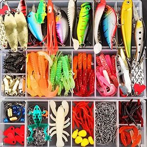 375pcs Lifelike Freshwater Fishing Lures Kit Fishing Tackle Box,2 Big Frogs Grasshopper Lures,Plopping Minnow,Artificial Bait Fishing Spoons Saltwater Pencil Bait for Bass Trout Bass Salmon as Gift