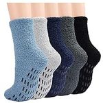 JaosWish Mens Slipper Fluffy Socks, 5 Pairs Bed Cosy Warm Thermal Socks for Men with Grippers, Winter Fleece Cozy Comfy Fuzzy Socks Non Slip 6-10 for Home Sleeping