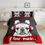 Erosebridal Hippie Headset Bedding Set Cartoon Pug Dog Comforter Twin for Kids Boys, Animal Theme Down Comforter Black White Red Bed Set, Puppy Popstar Quilted Duvet Musician Bedroom Decor Black