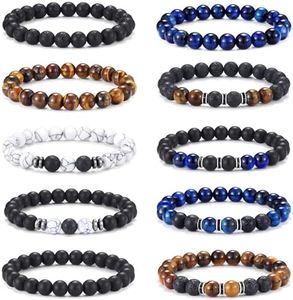 Jewdreamer 10PCS Tiger Eye Bracelet For Men 8MM Natural Stone Beads Bracelet Set Stretch Lava Rock Bracelets Adjustable Black Crystal Beaded Bracelet for Men Women Gifts