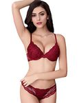 Bluewhalebaby Sexy Push Up Bras Set Transparent Underwear Lingerie Lace Bra & Matching Knicker for Women Wine Red 34B = Tag Size 36B